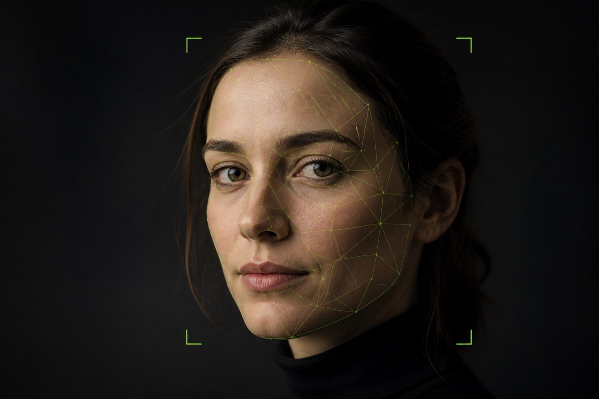 Ilustración de reconocimiento facial con puntos de referencia sobre un rostro